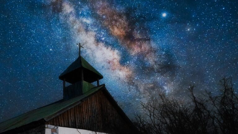 Church at night with beautiful starry sky